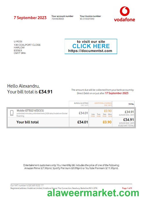 UNITED KINGDOM VODAFONE utility bill Word and PDF template, version 3